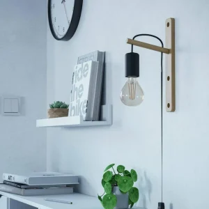 EGLO Applique murale Pockley, saillie 16 cm, noir/bois, bois^ Lampes Scandinaves