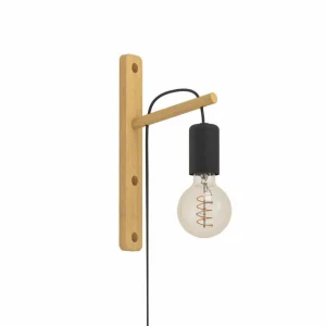 EGLO Applique murale Pockley, saillie 16 cm, noir/bois, bois^ Lampes Scandinaves