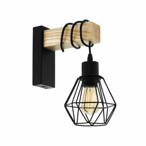 EGLO Applique murale Townshend, largeur 14 cm, noir/chêne^ Lampes Vintage