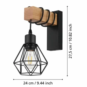 EGLO Applique murale Townshend, largeur 14 cm, noir/chêne^ Lampes Vintage